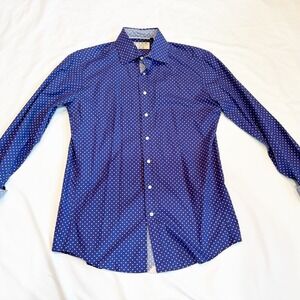 Thomas Pink Shirt Mens 15 Blue White Polka Dots Cotton Long Sleeve Slim Fit